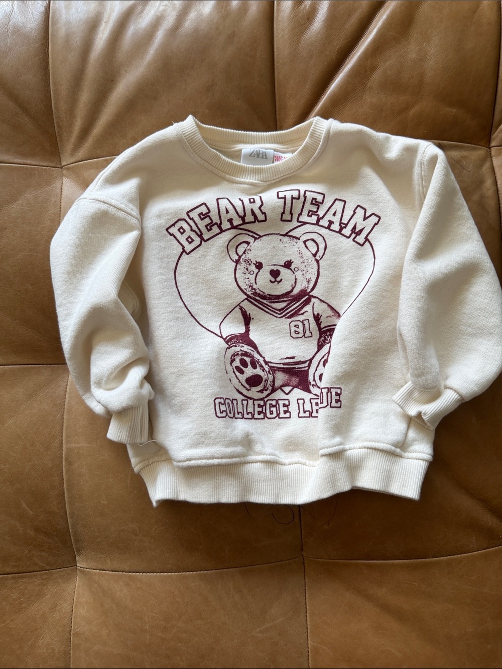 Zara Teddy Bear Cream Sweater with Burgundy Print